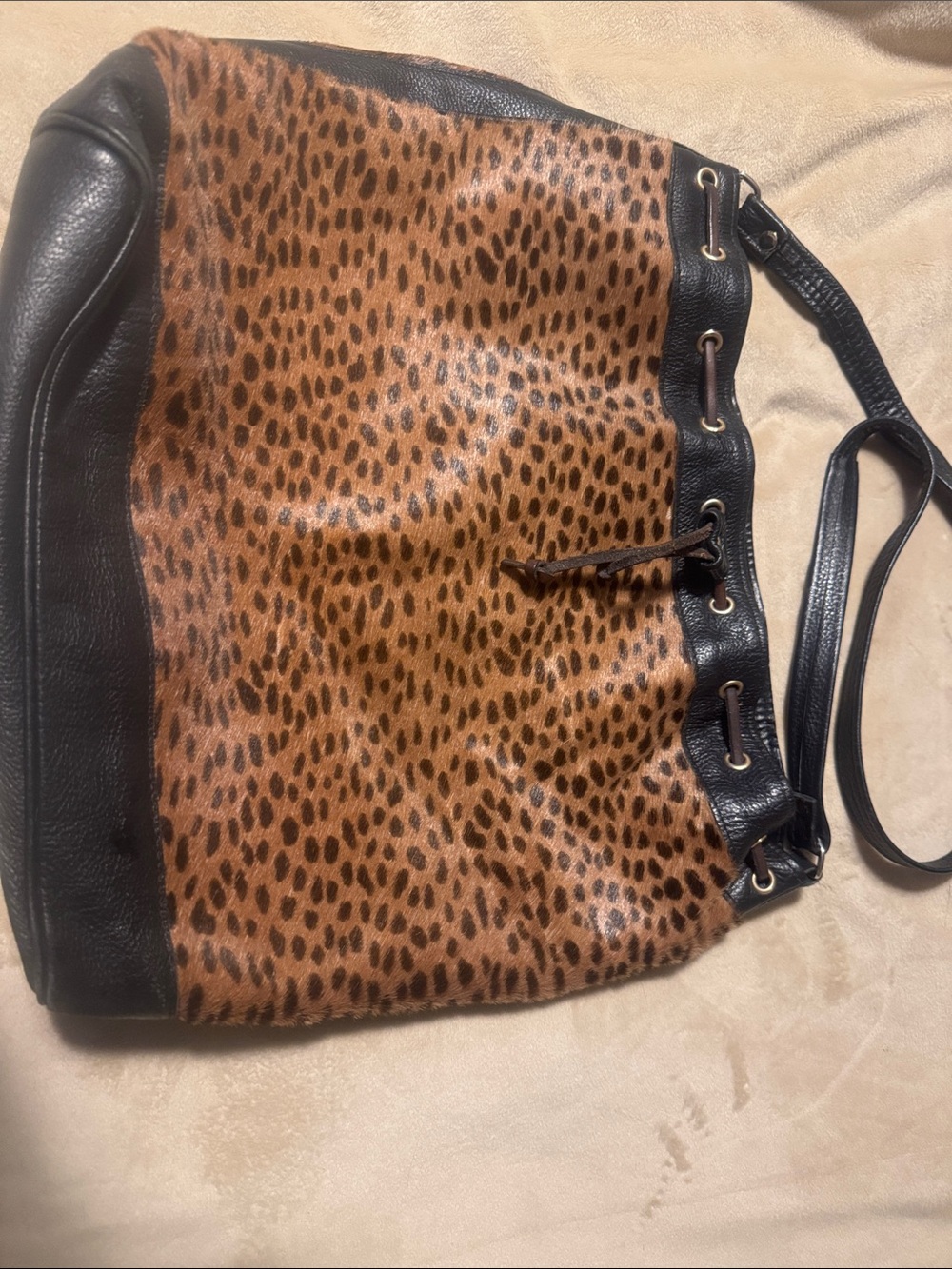 Calf hair leather embossed Leopard Print Shoulder Bag with Black Trim